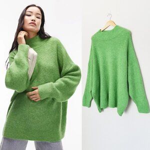 Topshop Mock Neck Oversized Chunky Knit Tunic Sweater Longline M 8/10 Green Cozy